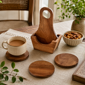 Acacia Wood Tea <b>Coaster</b> Set with Holder – Round Rustic Wooden <b>Drink</b> <b>Coasters</b> – Eco-Friendly Handmade Tableware - Product Image 2