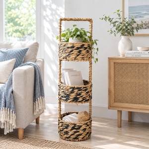 Water Hyacinth 3 Tier Storage Basket Stand Handmade Woven <b>Shelving</b> <b>Rack</b> for Bedroom Bathroom Living Room Home Organization - Product Image 4