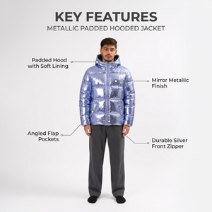 Chaqueta Acolchada con Capucha para Hombre, Color Azul Claro, Transpirable, Resistente al Viento, Relleno de Poliéster, Cierre Frontal con Cremallera, Corte Regular, 220g - Product Image 5