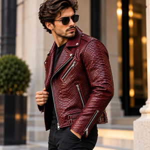Mens <b>Burgundy</b> Embossed Breathable Snake Skin <b>Leather</b> Biker <b>Jacket</b> Stylish Streetwear Motorcycle Outerwear Fashion - Product Image 4