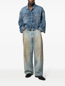 Jean en denim vintage pour homme, effet délavé, salissures de boue, coupe large, bleu clair, ample et décontracté, vente en gros - Product Image 3