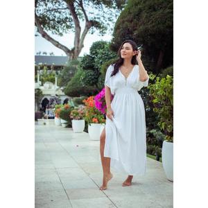 Vestido Maxi Boho Blanco con Cuello en V, Manga Corta, Dobladillo Asimétrico, Ajuste Holgado, Cintura Elástica, Verano, Casual, Transparente, 100% Algodón Tejido, Color Sólido - Product Image 1