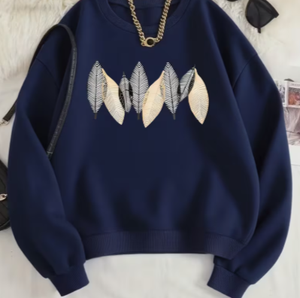 Hardihood International Women's Navy Blue Cotton Blend Knitted Crew Neck <b>Oversized</b> <b>Vintage</b> <b>Sweatshirt</b> Leaf Embroidery Long - Product Image 1