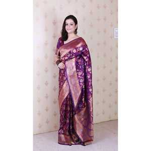 ผ้าไหมทอสีม่วงลายบาเนราซี จาล ยี่ห้ออีลิท วีฟส์ เนื้อผ้านุ่ม ประดับด้วยดิ้นทอง ซารี ผ้าไหมอินเดีย/ปากีสถาน - Product Image 3