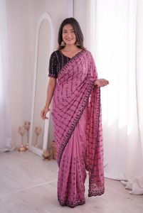 Sari en polyester rose avec broderie noire et paillettes pour femmes, tenue traditionnelle indienne pour mariage - Product Image 1