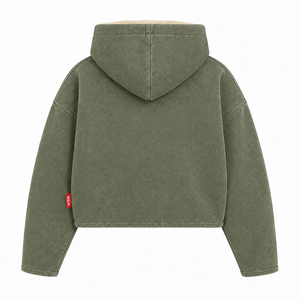 WIDA SPORTS Olive Green Hooded Zip-Up Crop <b>Jacket</b> <b>Fleece</b> <b>Lined</b> Oversized Casual Unisex Winter Sweatshirt - Product Image 2