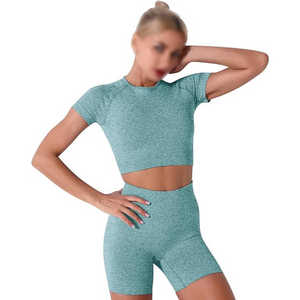 Ensemble de yoga 2 pièces pour femmes, haut court sans couture à taille haute et short, couleur unie, respirant, vêtements de sport, fabrication sur mesure par Twin City - Product Image 5