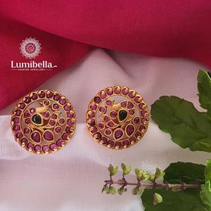 18K Gold Plated Oval Matte Peacock Stud Earrings with Diamond Flower Design - Product Image 1