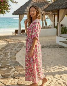 Pink Floral Cotton <b>Kaftan</b> Robe V Neck Loose Fit Beach Cover Up <b>Summer</b> Women Loungewear - Product Image 4
