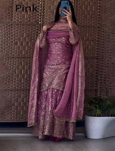 Robe ethnique indienne et pakistanaise moderne en tissu faux georgette lourd, ensemble sharara et palazzo de créateur avec dupatta, prêt-à-porter - Product Image 2