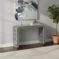 Table console artisanale en os incrusté, écologique, avec surface décorative élégante et rangement fonctionnel pour salon moderne
