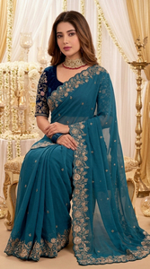Sari en soie turquoise avec broderie dorée et chemisier noir, tenue de mariage traditionnelle indienne et pakistanaise pour femme, longueur au sol, protection solaire intégrale - Product Image 2