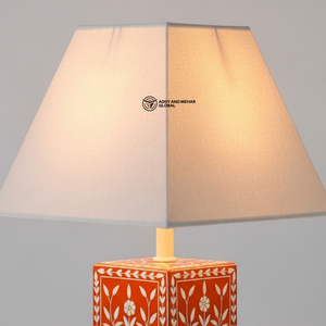 Orange Bone Inlay <b>Bedside</b> Lamp | Elegant Round Base <b>Table</b> Lamp with Neutral Shade - Product Image 4