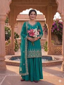 Women's Emerald <b>Green</b> <b>Silk</b> Salwar Kameez With Embroidered Dupatta Traditional Indian Wedding Wear Floor-Length Regular Fit - Product Image 3