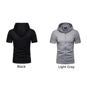 <b>Men's</b> Hooded Zip-Up <b>Short</b> <b>Sleeve</b> Sweatshirt Slim Fit Solid Color Casual Summer Knitted Polyester/Cotton Top Quality - Product Image 3