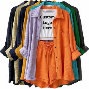 Prix d'usine – Ensemble deux pièces pour femme, personnalisable avec logo, imprimé uni, en coton et lin, vente en gros, pyjama deux pièces - Product Image 2