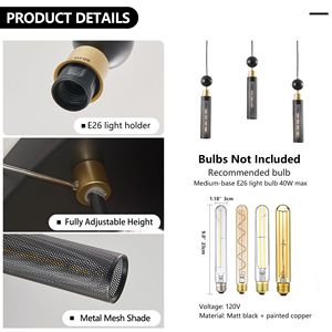 Lampadario Moderno a Sospensione Nero e Oro da 25 Pollici con 3 Luci, Base E26 Regolabile e Paralumi Cilindrici in Rete - Product Image 6