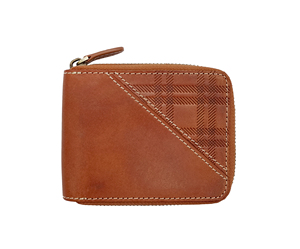 Portefeuille pour homme en cuir italien Vacchetta Castello avec fermeture éclair, porte-cartes d'identité RFID, haute qualité, embossé, marron, court, polyester, faible MOQ - Product Image 1