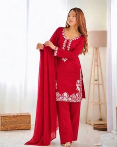 Conjunto Modesto Azul Bordado de Estilo Indio-Pakistaní, 100% Poliéster, Abrigo Largo, Kurta, Pantalón Palazzo, Traje Festivo Formal - Product Image 6