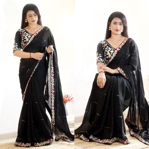 2024 dernière Collection indien vêtements de mariage concepteur Georgette Saree avec Designer broderie Blouse pour les filles fête à la mode Sari - Product Image 1