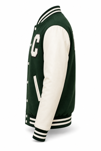 Veste universitaire unisexe verte en laine/polyester, patchwork brodé avec la lettre C, style preppy écologique, col rabattu, hiver - Product Image 3