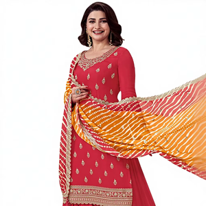 Sharara Gharara Salwar Kameez con Bordado Indio, Reversible para Invierno, Corte Ajustado, Protección Solar, para Fiestas, en Georgette Cosido - Product Image 1