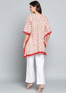 ชุดนอนยาวถึงพื้นผ้าคอตตอน100% ลายดอกไม้สีแดงงาช้างผ้าทอมือรอบเอวธรรมชาติพิมพ์ลายบล็อก - Product Image 2