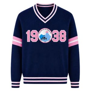 เสื้อสเวตเตอร์ถักคอวีสีน้ำเงินกรมท่า แจ็คแอนด์จิล ปี 1938 ลายทางสีชมพู แขนยาว พิมพ์ลายกราฟิก สวมใส่สบาย แฟชั่นขายส่งสำหรับทุกเพศ - Product Image 1