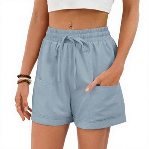 Shorts Casuales de Mujer, Color Sólido, con Cordón Ajustable, Cintura Media, Transpirables, de Algodón Tejido, con Bolsillos, para Verano - Product Image 5