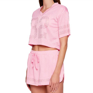 Maillot de football américain tendance pour femme, rose, en maille ornée de strass, ensemble deux pièces personnalisé, tenue de sport rose, ensemble maillot à marque privée - Product Image 4