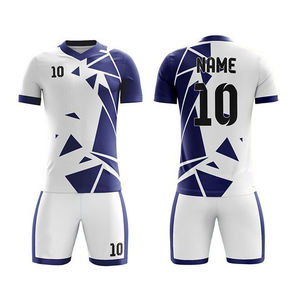 Conjunto de Camiseta de Fútbol Personalizada para Hombre, Blanca y Azul con Estampado Geométrico, Cuello en V, Manga Corta, Uniforme de Poliéster que Absorbe la Humedad, 100% Poliéster - Product Image 1