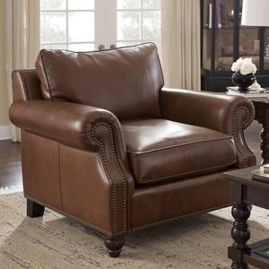 Fauteuil en cuir de vachette véritable de qualité supérieure, style classique, canapé individuel avec accoudoirs roulés et garniture cloutée, siège durable pour salon - Product Image 2