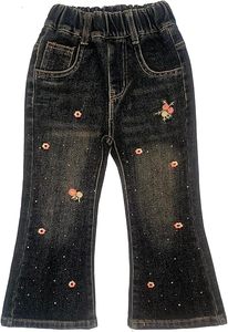Girls Floral Embroidered Denim Flare Pants Mid <b>Waist</b> Casual Spring Cotton <b>Jeans</b> Full Length Regular Fit - Product Image 4