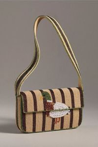 Bolso de lona beige marrón a rayas con cuentas de vidrio de pato mallard, diseño animal, con solapa, bandolera, para noche - Product Image 1