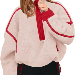 Sudadera con capucha para mujer, oversize, beige, con paneles en contraste, media cremallera, de forro polar, manga larga, estilo casual urbano, corte holgado, estampado personalizado - Product Image 1