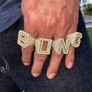 Ensemble de bagues personnalisées de luxe avec lettres, certifiées IGI, plaquées or 14 carats, serties de moissanite, style hip-hop, unisexe - Product Image 2