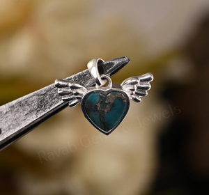 Pendentif Ailes d'Ange en Argent 925 avec Turquoise Cuivrée Bleue Naturelle en Forme de Cœur de 8 mm, Sertissage à la Cannelure, Breloque Thème Romantique Unisexe - Product Image 2