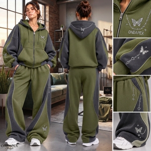 Women's Olive Green <b>Charcoal</b> Zip Hoodie Tracksuit Set Butterfly Print Color Oversized <b>Jogger</b> Pants - Product Image 4