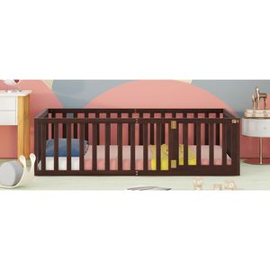 Letto a pavimento in legno di noce per bambini, misura Twin, con recinzione e porta (Vecchio SKU WF289661AAL) - Product Image 4