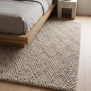 Alfombra Tejida a Mano de Color Crema Beige Sólido, Texturizada, de Lana Antideslizante, Pelo Medio, con Base de Lona de Algodón, Grosor de 10-14 mm - Product Image 5