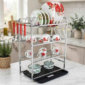 Étagère à vaisselle en métal à 4 niveaux Star Aim avec bac d'égouttage, support de rangement de cuisine sur pied pour assiettes, bols et tasses - Product Image 2