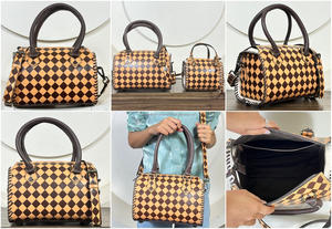 Premium Tooled Checkered Genuine Leather Women Handbags Crossbody Large Capacity Gym & Travel Speedy Duffel Bag For Daily Use - Product Image 3