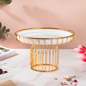 Round Metal Cake Stand with Gold Wire Base and White <b>Tray</b> Reusable Dessert Display Plate for Wedding Birthday Party Centerpiece - Product Image 2