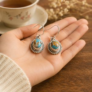 Natural Oyster Turquoise Teardrop <b>Dangle</b> <b>Earrings</b> 925 Sterling Silver Vintage Boho Handmade Gemstone Jewelry Gift - Product Image 3