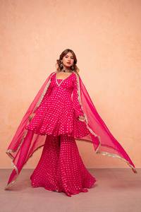 Pink Polka Dot Traditional Indian Pakistani Women's Floor-Length Anarkali Suit With Dupatta Wedding Wear - Product Image 6