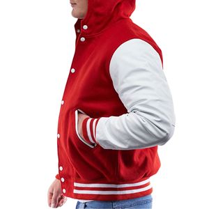 Veste universitaire unisexe à capuche, corps en laine, manches en cuir, fermeture éclair sur le devant, patchwork vintage, manteau bomber d'hiver, streetwear - Product Image 2