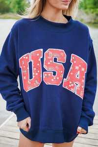 Sweat-shirt à col rond bleu marine pour femme avec imprimé paisley rouge USA, manches longues, en coton tricoté, décontracté, pour l'automne - Product Image 2