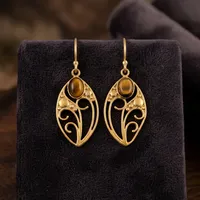 Boucles d'oreilles pendantes en laiton œil de tigre naturel, style bohème, filigrane, pierres précieuses, vente en gros