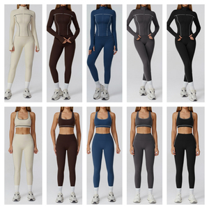 Ensemble de yoga 2 pièces pour femme : Leggings taille haute sans couture et brassière de sport couleur unie, tenue de sport et fitness avec surpiqûres contrastées - Product Image 3