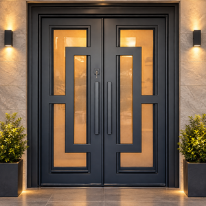 Puerta Doble de Entrada de Madera Sólida Moderna y de Lujo GA-40G con Vidrio Decorativo y Diseño CNC para Entrada de Apartamento o Casa - Product Image 1
